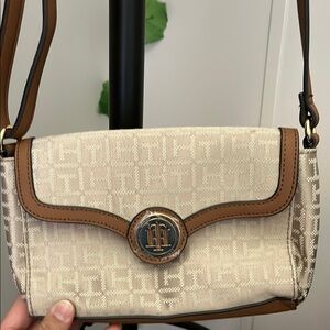 Tommy Hilfiger Cream and Brown Crossbody Bag with Logo Medallion